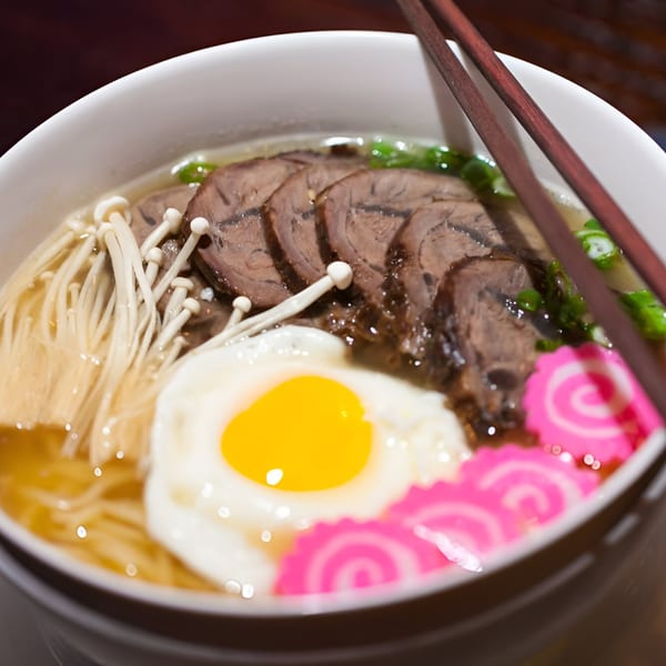 A bowl of ramen with sliced beef, a fried egg, enoki mushrooms, green onions, and pink narutomaki.